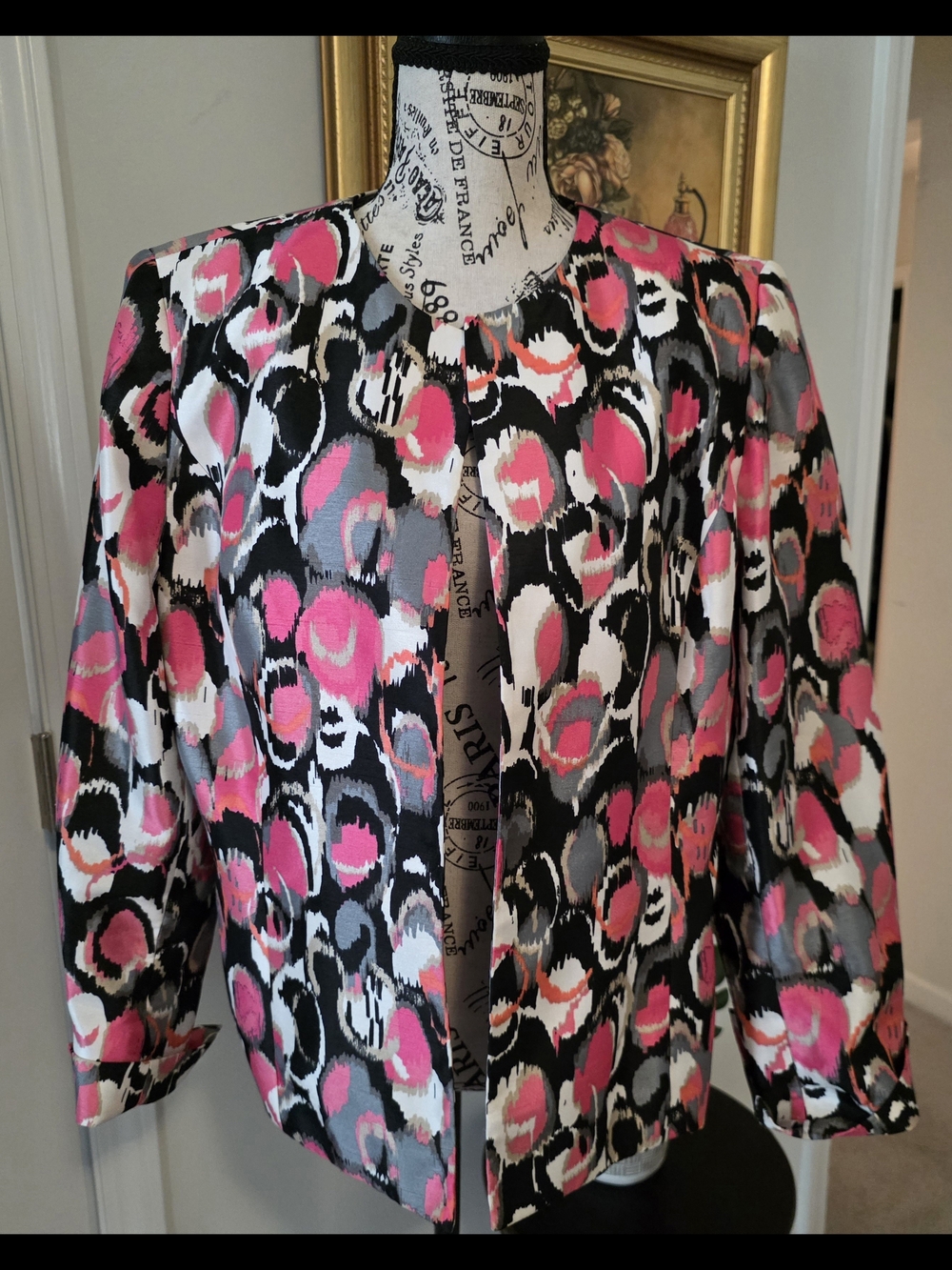 Kasper Pink Black & Gray Abstract Spot Open Front Jacket